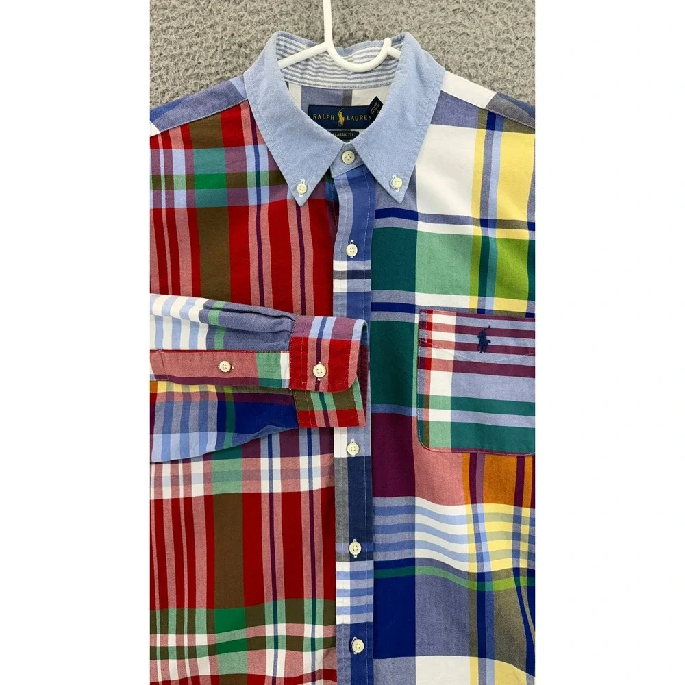Polo Ralph Lauren Men L Classic Fit Patchwork Plaid Button Down Shirt Multicolor